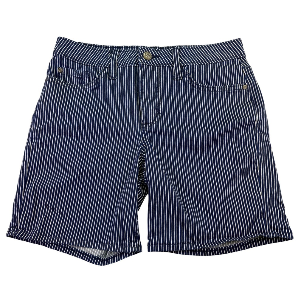 Lee Shorts Women's Size 6 Medium Pinstripe Denim Mid Rise Regular Fit Blue White